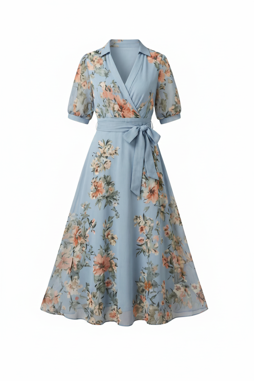 Femme Robe Portefeuille Midi à Manches Courtes avec Col V et Ceinture Florale