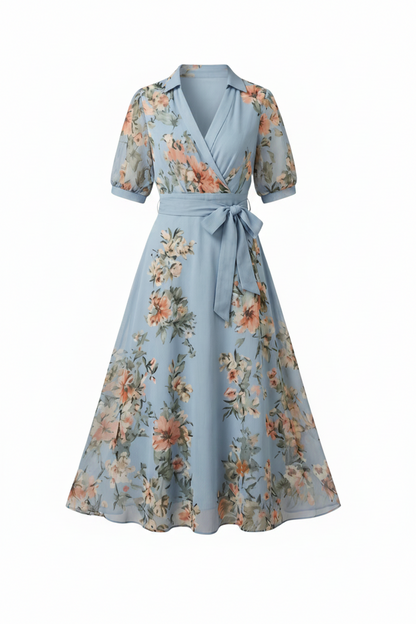 Femme Robe Portefeuille Midi à Manches Courtes avec Col V et Ceinture Florale