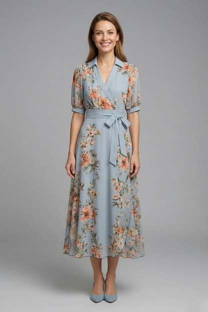Femme Robe Portefeuille Midi à Manches Courtes avec Col V et Ceinture Florale