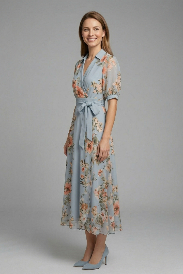 Femme Robe Portefeuille Midi à Manches Courtes avec Col V et Ceinture Florale
