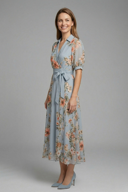 Femme Robe Portefeuille Midi à Manches Courtes avec Col V et Ceinture Florale