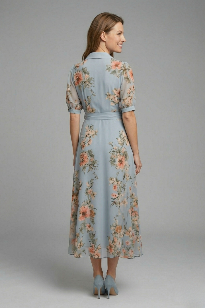 Femme Robe Portefeuille Midi à Manches Courtes avec Col V et Ceinture Florale