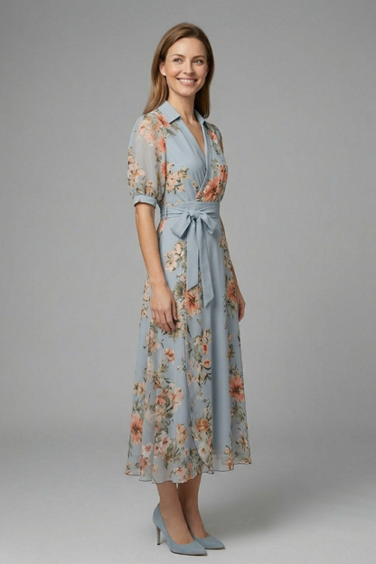 Femme Robe Portefeuille Midi à Manches Courtes avec Col V et Ceinture Florale