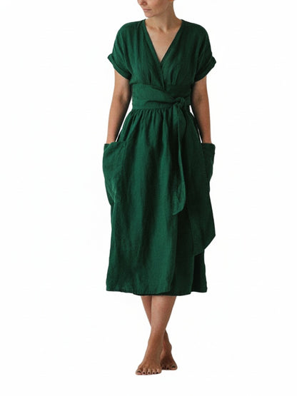 Femme Robe Portefeuille Midi Manches Courtes avec Col en V et Ceinture à Nouer