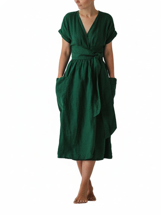 Femme Robe Portefeuille Midi Manches Courtes avec Col en V et Ceinture à Nouer