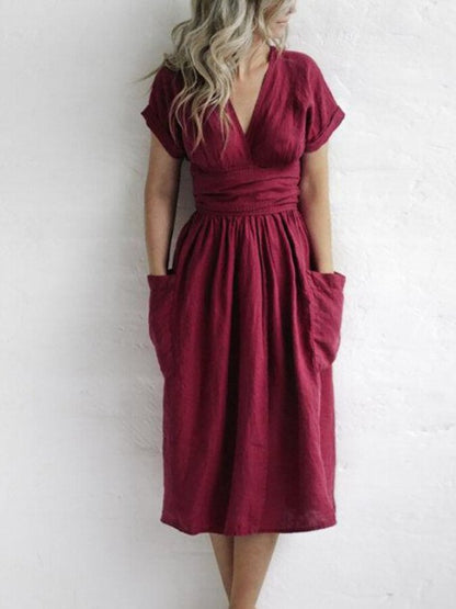 Femme Robe Portefeuille Midi Manches Courtes avec Col en V et Ceinture à Nouer