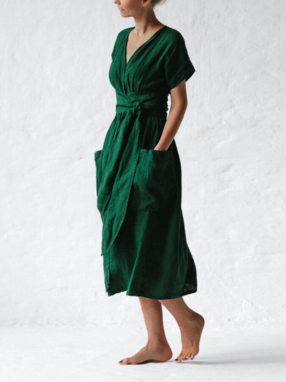 Femme Robe Portefeuille Midi Manches Courtes avec Col en V et Ceinture à Nouer