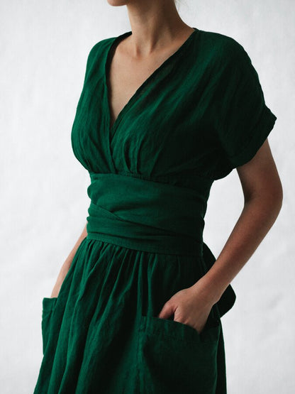 Femme Robe Portefeuille Midi Manches Courtes avec Col en V et Ceinture à Nouer