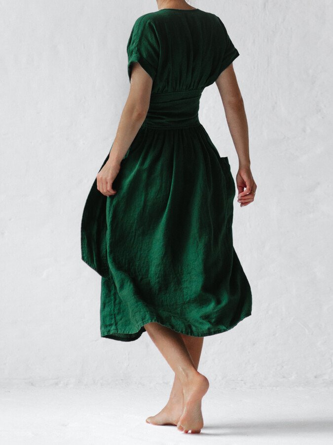Femme Robe Portefeuille Midi Manches Courtes avec Col en V et Ceinture à Nouer
