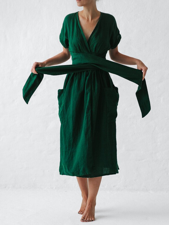 Femme Robe Portefeuille Midi Manches Courtes avec Col en V et Ceinture à Nouer