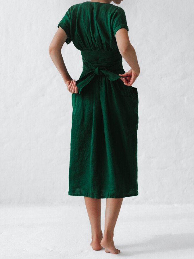 Femme Robe Portefeuille Midi Manches Courtes avec Col en V et Ceinture à Nouer