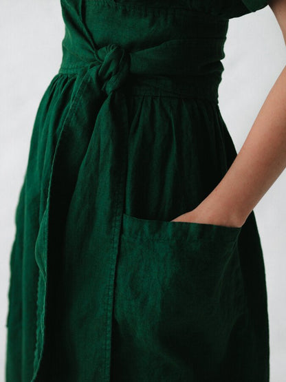 Femme Robe Portefeuille Midi Manches Courtes avec Col en V et Ceinture à Nouer