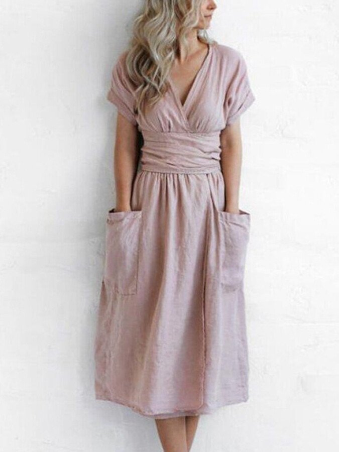 Femme Robe Portefeuille Midi Manches Courtes avec Col en V et Ceinture à Nouer