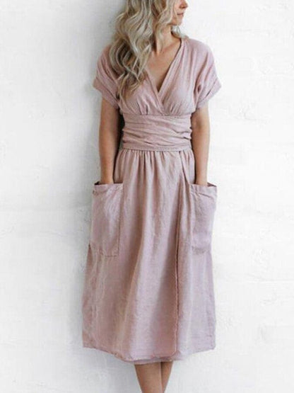 Femme Robe Portefeuille Midi Manches Courtes avec Col en V et Ceinture à Nouer