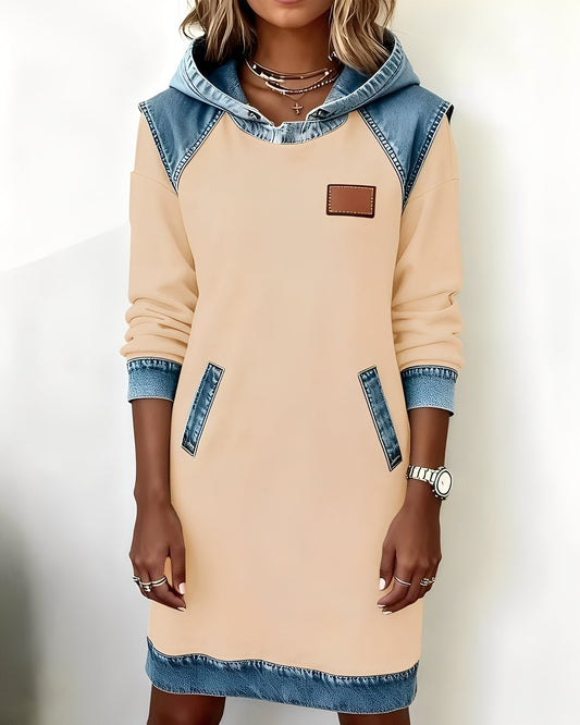 Femme Robe Sweat à Capuche avec Poches et Détails en Jean