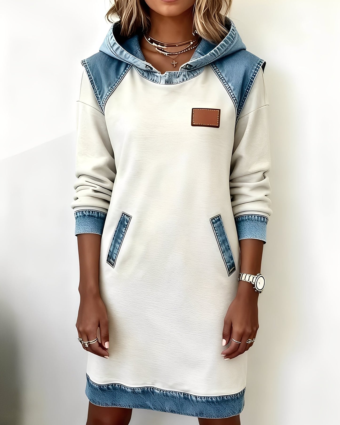 Femme Robe Sweat à Capuche avec Poches et Détails en Jean