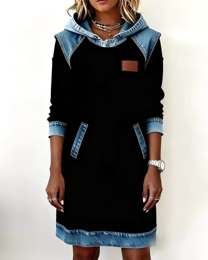 Femme Robe Sweat à Capuche avec Poches et Détails en Jean