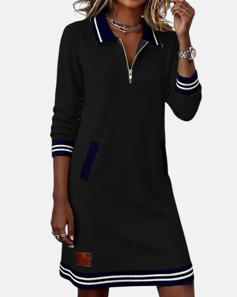 Femme Robe Sweat Manches Longues avec Col Polo et Fermeture Éclair