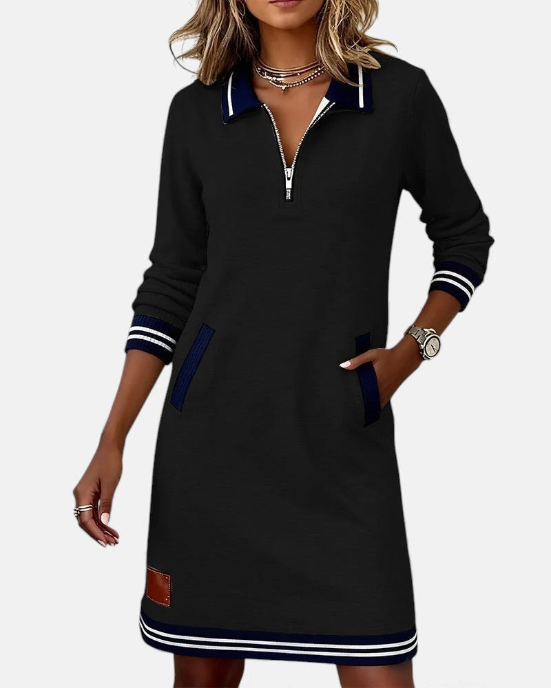 Femme Robe Sweat Manches Longues avec Col Polo et Fermeture Éclair