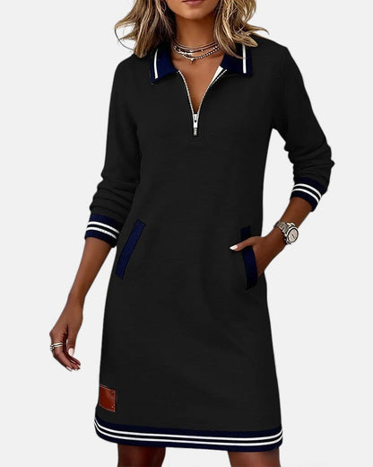 Femme Robe Sweat Manches Longues avec Col Polo et Fermeture Éclair