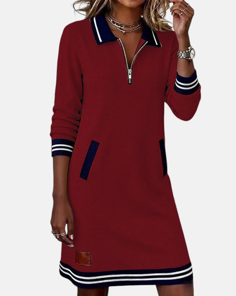 Femme Robe Sweat Manches Longues avec Col Polo et Fermeture Éclair