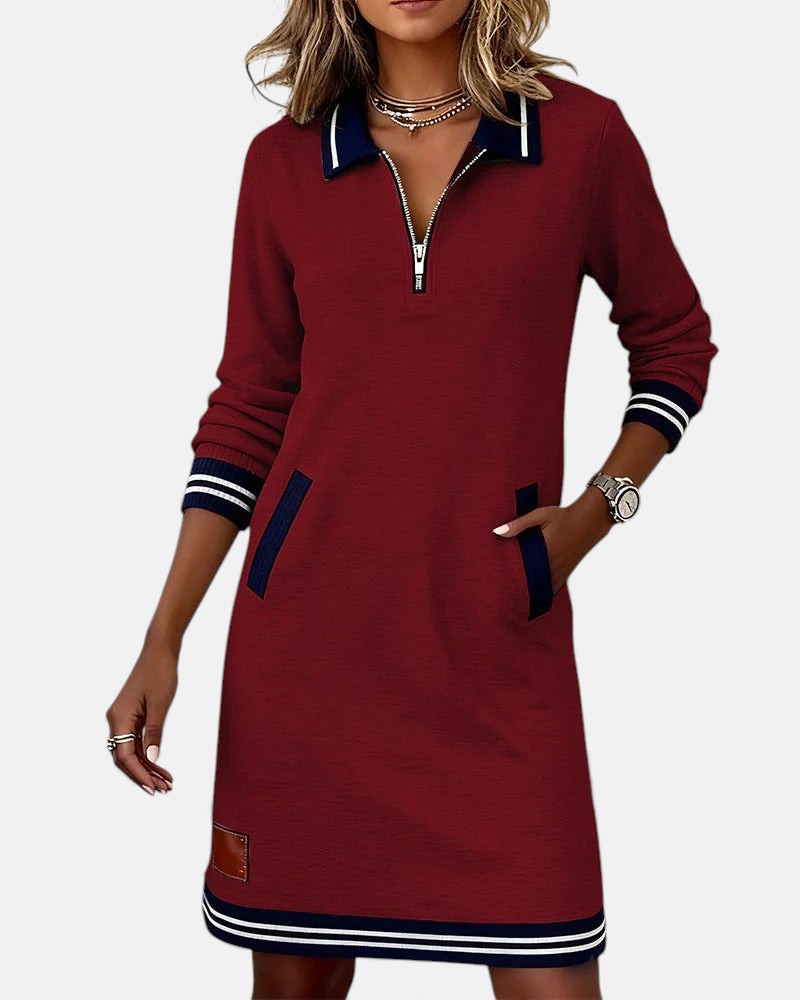 Femme Robe Sweat Manches Longues avec Col Polo et Fermeture Éclair
