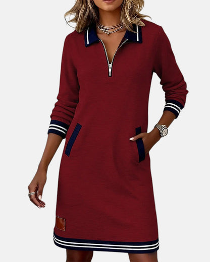 Femme Robe Sweat Manches Longues avec Col Polo et Fermeture Éclair