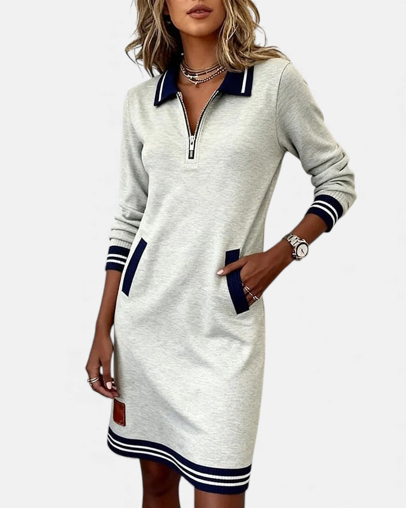 Femme Robe Sweat Manches Longues avec Col Polo et Fermeture Éclair