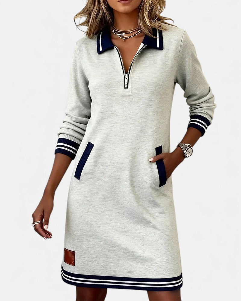 Femme Robe Sweat Manches Longues avec Col Polo et Fermeture Éclair