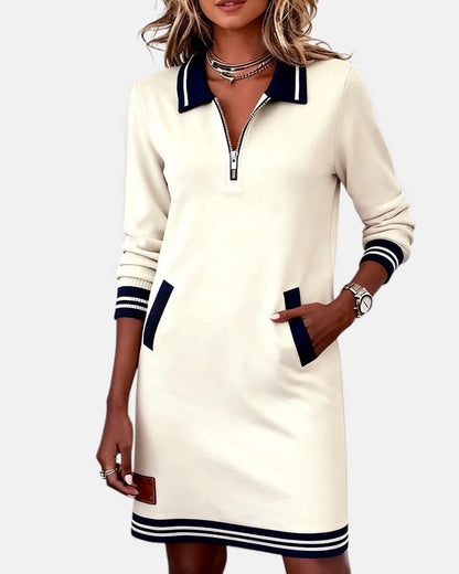 Femme Robe Sweat Manches Longues avec Col Polo et Fermeture Éclair