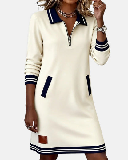 Femme Robe Sweat Manches Longues avec Col Polo et Fermeture Éclair