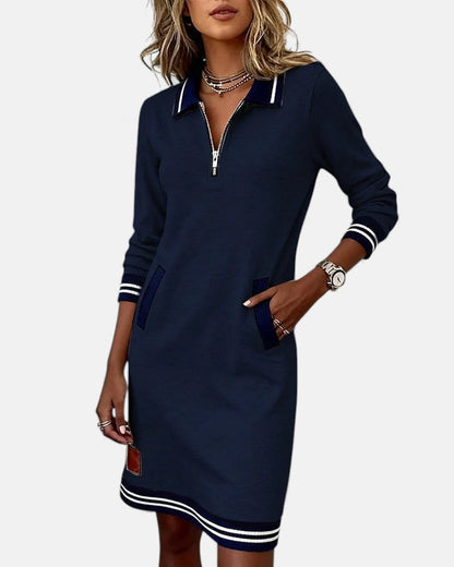 Femme Robe Sweat Manches Longues avec Col Polo et Fermeture Éclair
