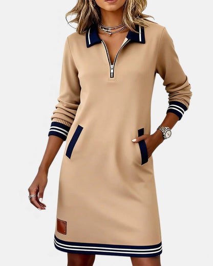 Femme Robe Sweat Manches Longues avec Col Polo et Fermeture Éclair