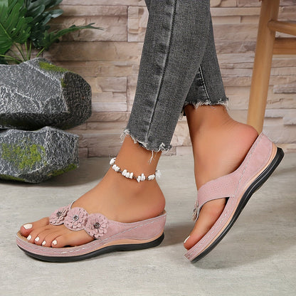 Femme Sandales à Bout Ouvert avec Fleurs et Semelle Compensée