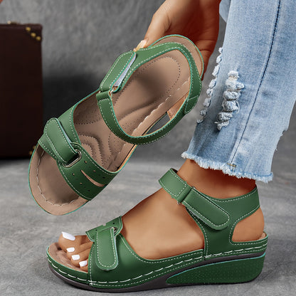 Femme Sandales à Semelle Compensée avec Fermeture Velcro et Bout Ouvert
