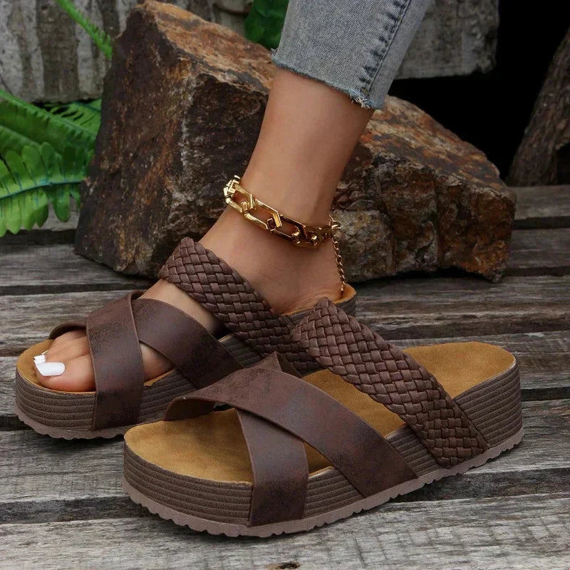 Femme Sandales Compensées à Brides Croisées Tressées Open Toe