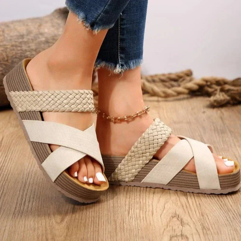 Femme Sandales Compensées à Brides Croisées Tressées Open Toe