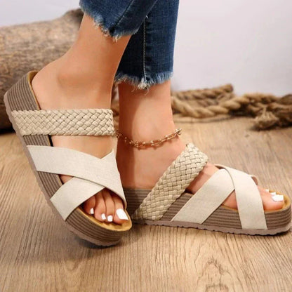 Femme Sandales Compensées à Brides Croisées Tressées Open Toe