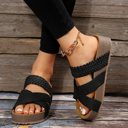 Femme Sandales Compensées à Brides Croisées Tressées Open Toe