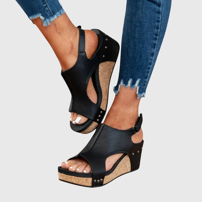 Femme Sandales Compensées Bout Ouvert avec Bride Cheville et Rivets