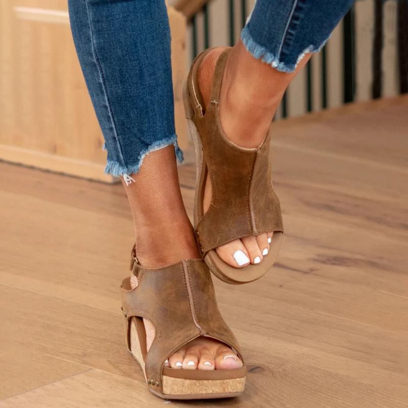 Femme Sandales Compensées Open Toe avec Bride Réglable