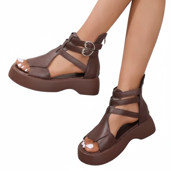 Femme Sandales Plateforme à Lanières Croisées avec Boucles et Fermeture Éclair