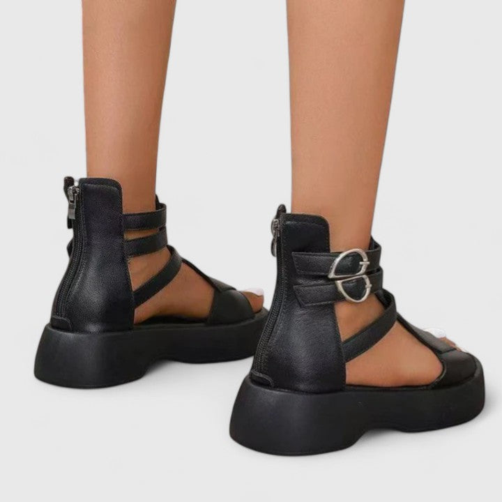 Femme Sandales Plateforme à Lanières Croisées avec Boucles et Fermeture Éclair