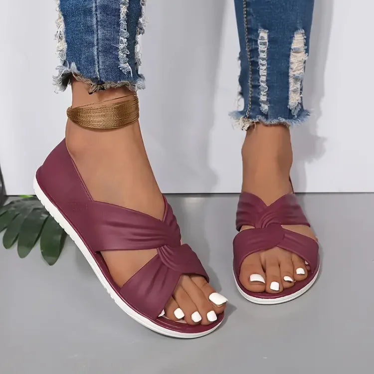 Femme Sandales Plates Ouvertes avec Brides Croisées et Nœud