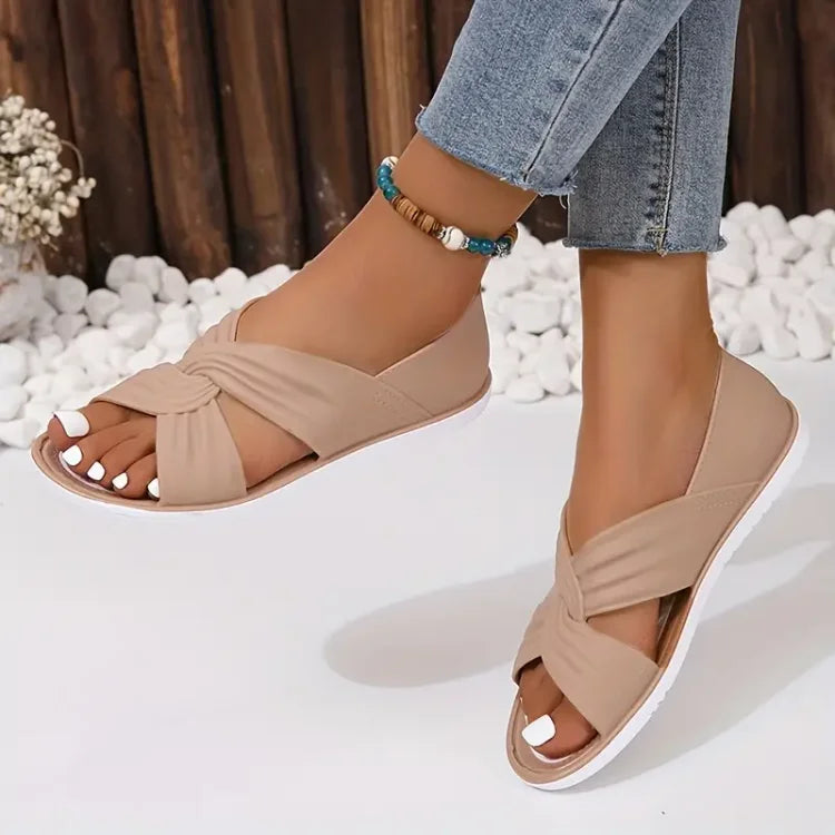 Femme Sandales Plates Ouvertes avec Brides Croisées et Nœud