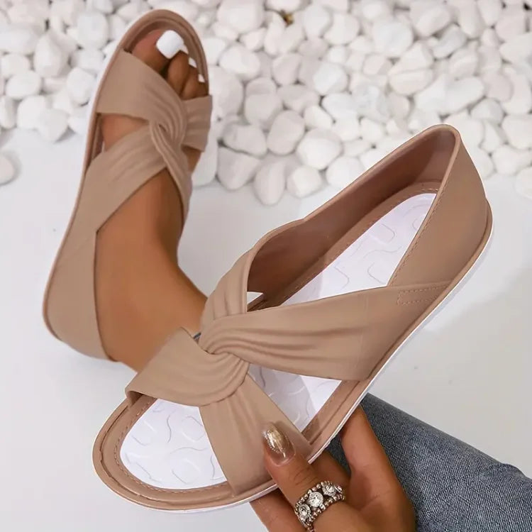 Femme Sandales Plates Ouvertes avec Brides Croisées et Nœud
