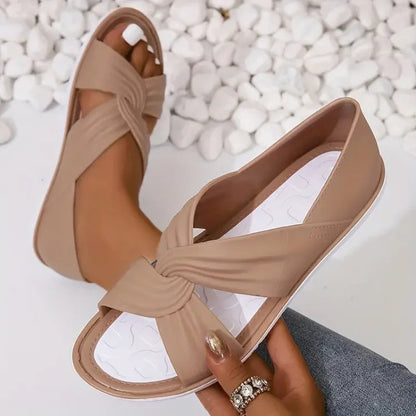 Femme Sandales Plates Ouvertes avec Brides Croisées et Nœud