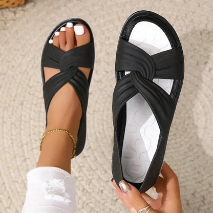 Femme Sandales Plates Ouvertes avec Brides Croisées et Nœud