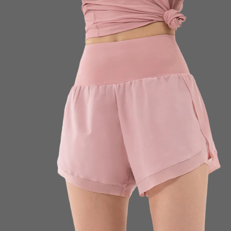 Femme Short de Sport 2-en-1 Taille Haute avec Poches
