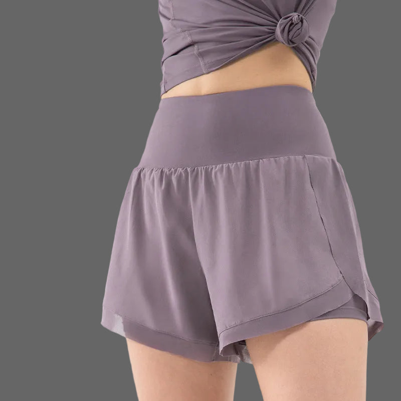 Femme Short de Sport 2-en-1 Taille Haute avec Poches